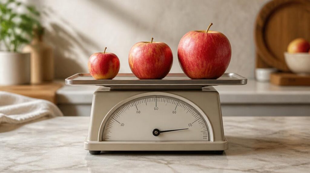 Petite, moyenne et grosse pomme sur une balance