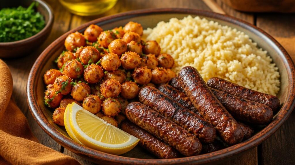 Pois chiches épicés avec merguez et semoule