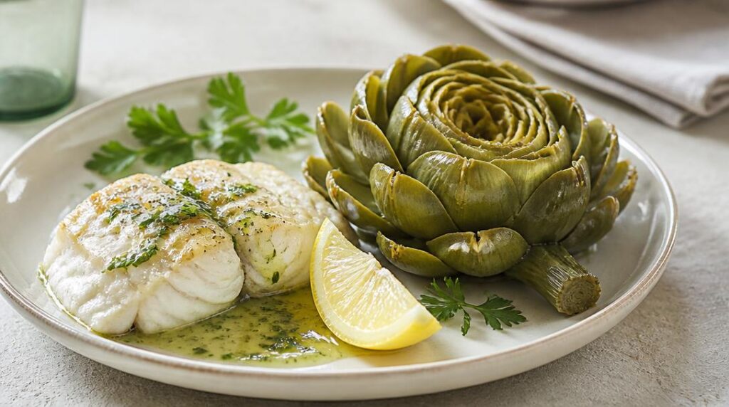Artichaut et poisson blanc aux herbes