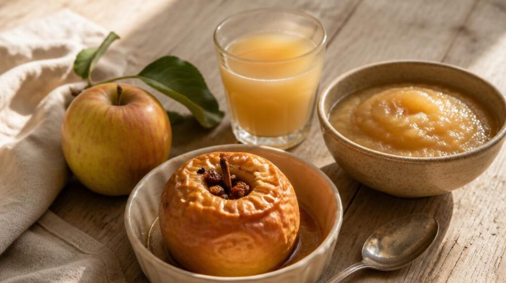 Pomme cuite, compote sans sucre et jus de pomme