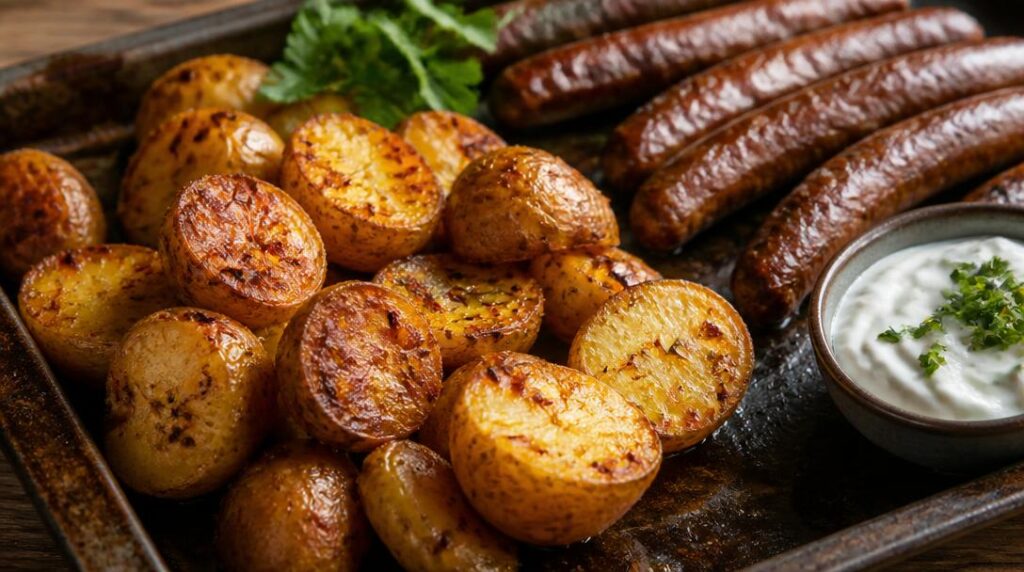 Pommes de terre rôties et merguez grillées