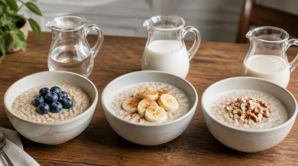 Porridge à l'eau, au lait et boisson végétale