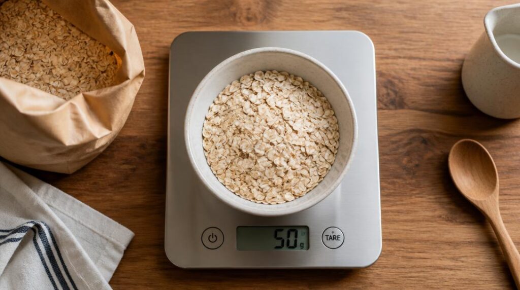 50 g de flocons d'avoine sur balance de cuisine