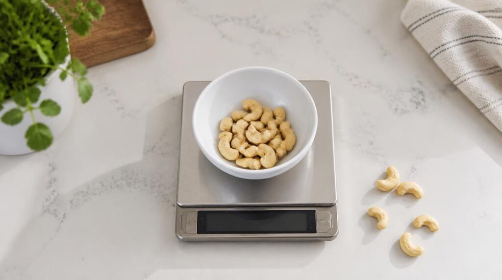 Portion de noix de cajou de 30 g sur balance