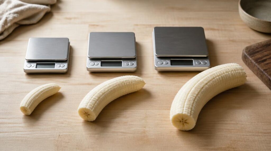 Petite, moyenne et grande banane épluchée pesées