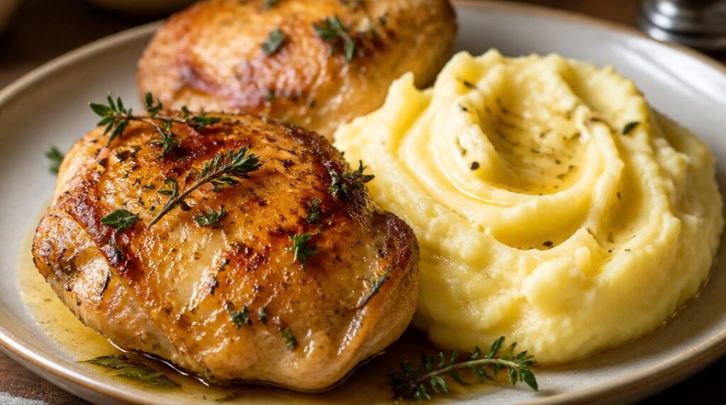 Poulet rôti servi avec purée maison onctueuse