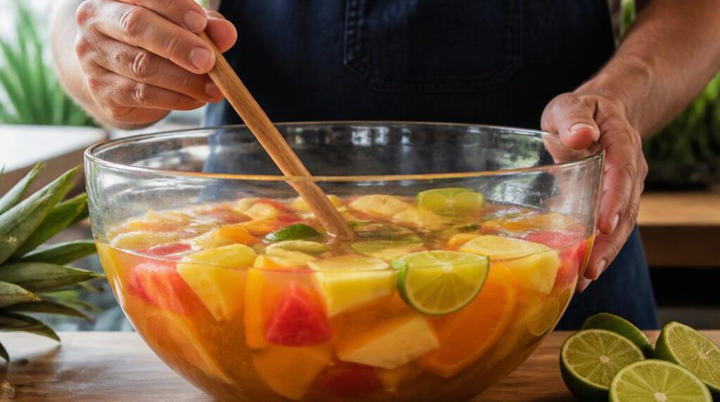 Mélange d’un punch maison dans un grand saladier