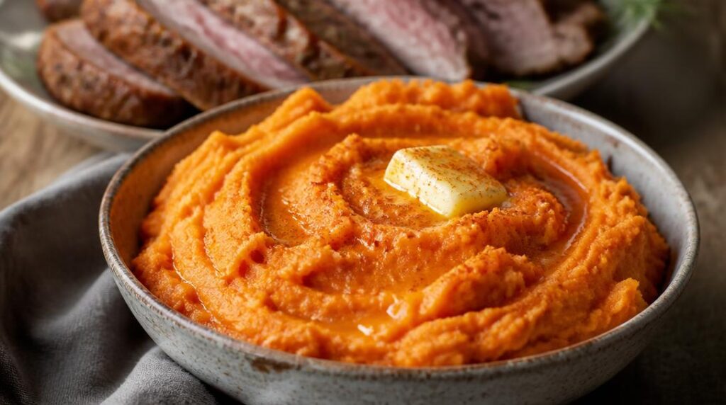 Purée de patates douces et agneau rôti