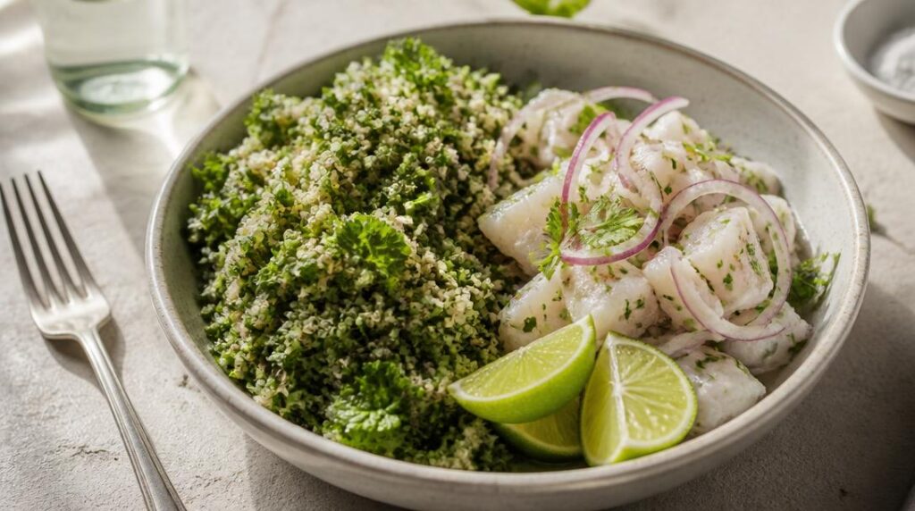 Quinoa aux herbes avec ceviche blanc