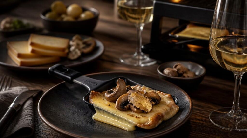 Raclette aux champignons avec vin blanc jurassien