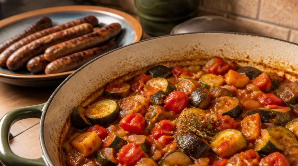 Ratatouille maison servie avec merguez grillées