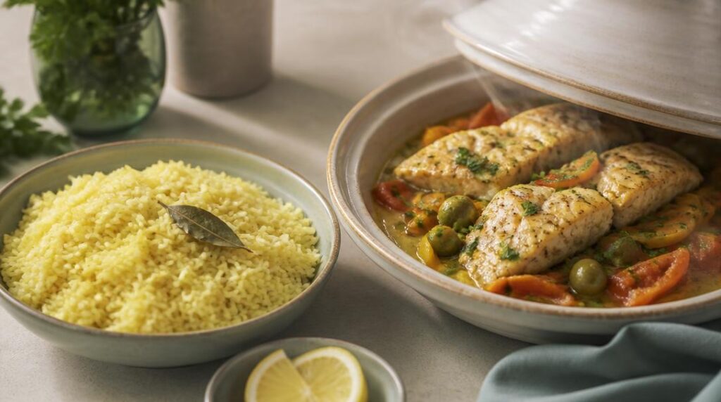 Riz parfumé avec tajine de poisson aux légumes