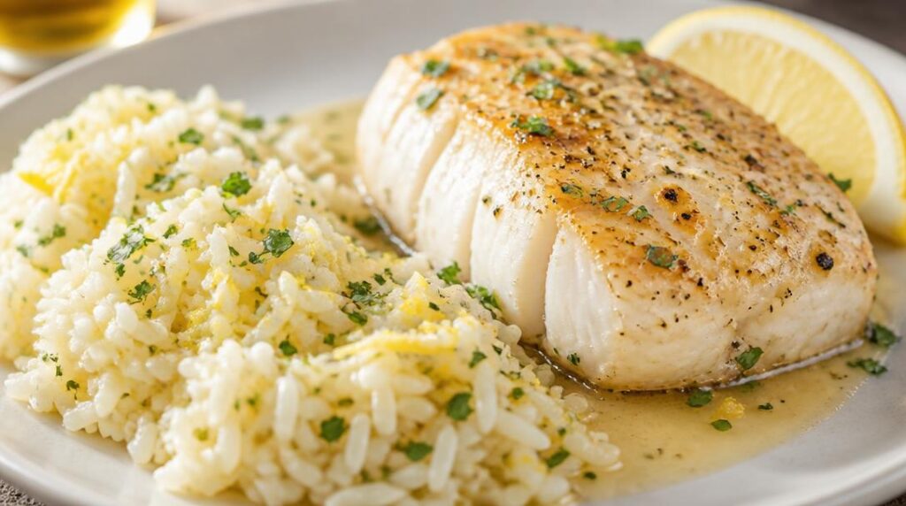 Riz pilaf citronné avec dos de cabillaud