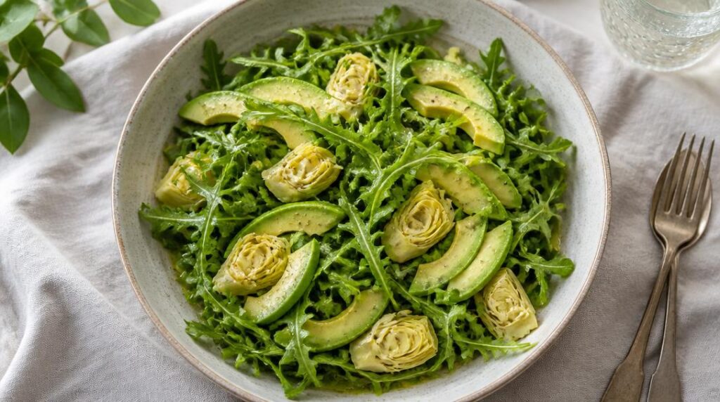 Salade avec artichaut roquette et avocat