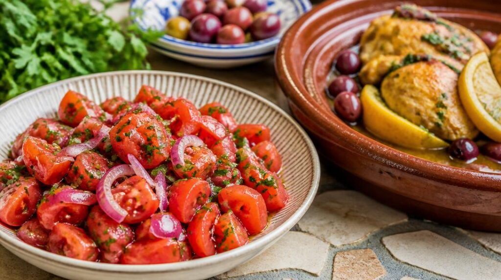 Salade de tomates avec tajine poulet citron olives