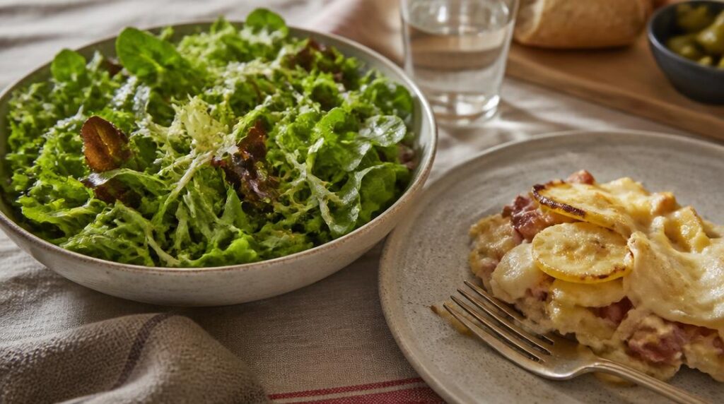 Salade verte acidulée servie avec une tartiflette