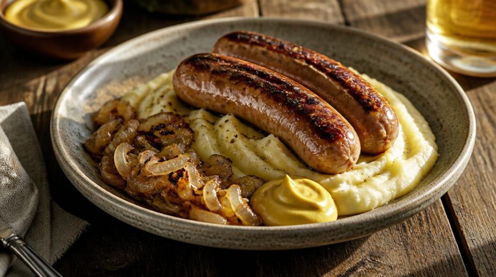 Saucisses grillées avec purée et oignons confits