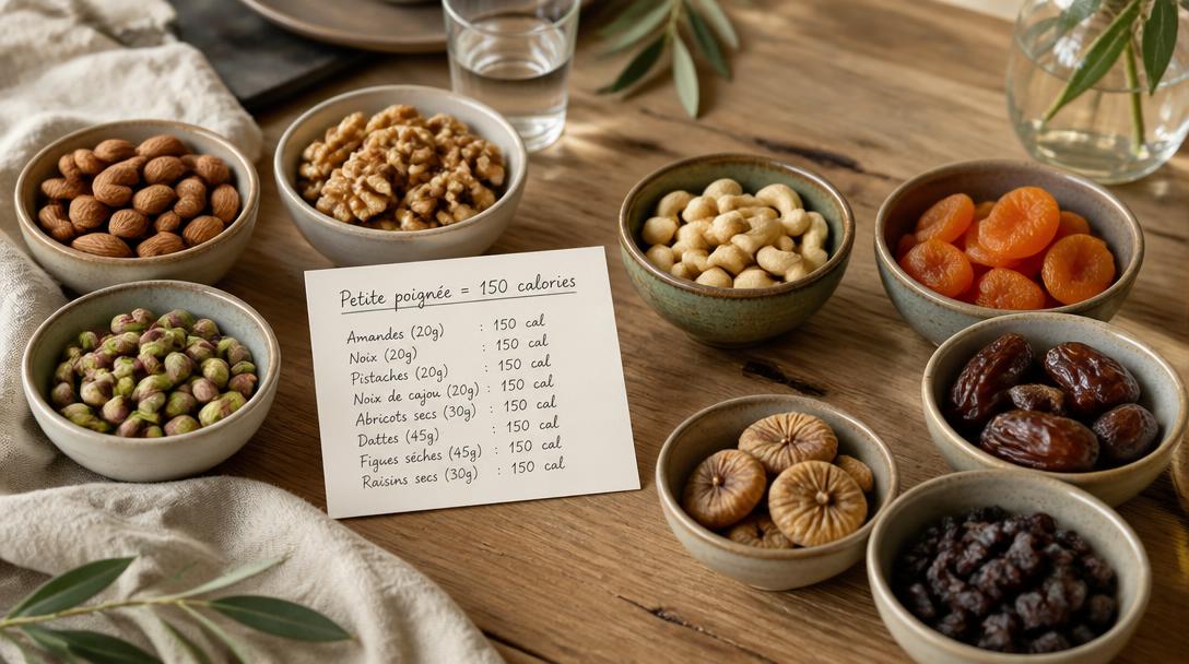 Tableau des calories des fruits secs près de bols assortis