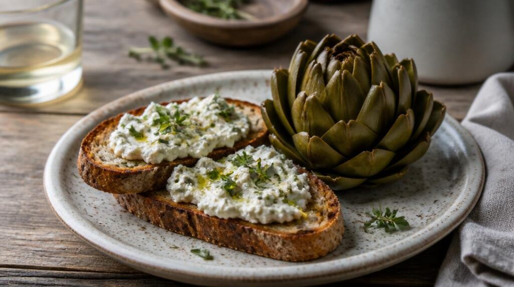 Pain complet avec artichaut et fromage frais