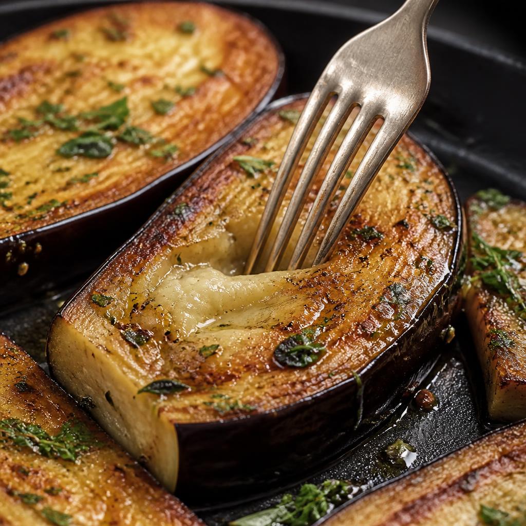 Test à la fourchette d'une aubergine moelleuse