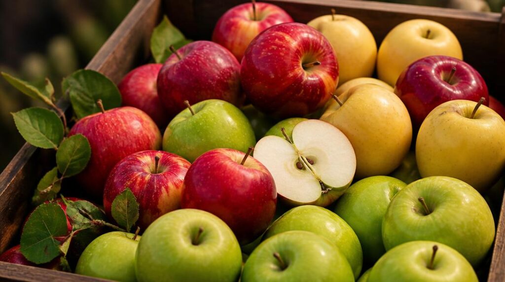 Golden, Gala et Granny Smith sur une table