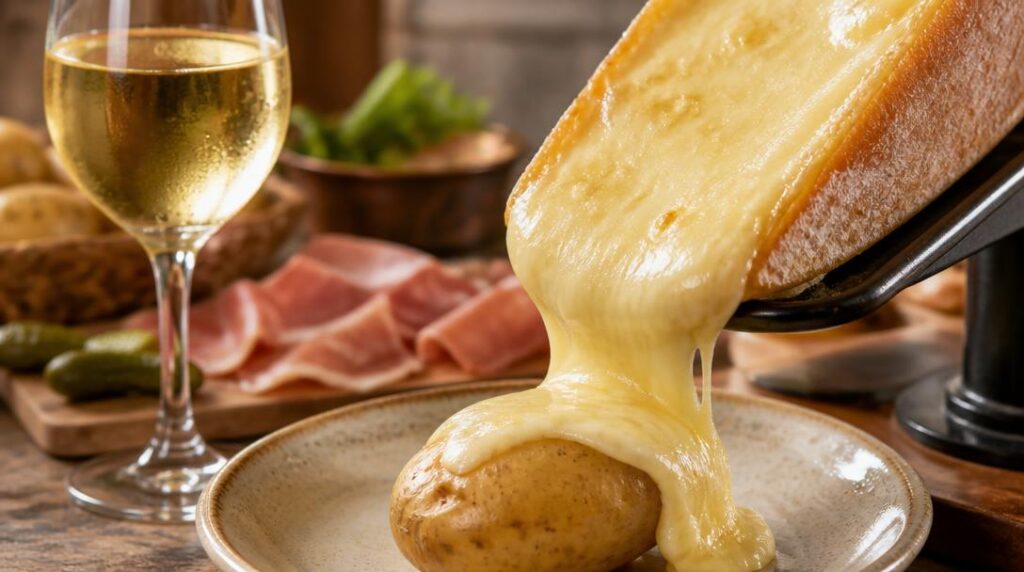Vin blanc sec avec fromage à raclette fondu