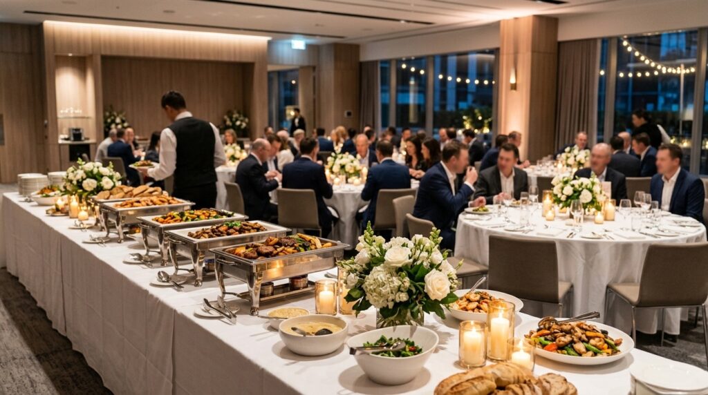 Table dressee en buffet assis pour un diner d'entreprise