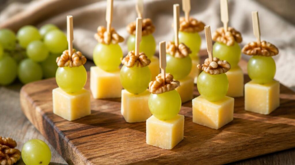 Brochettes végétariennes comté raisins et noix