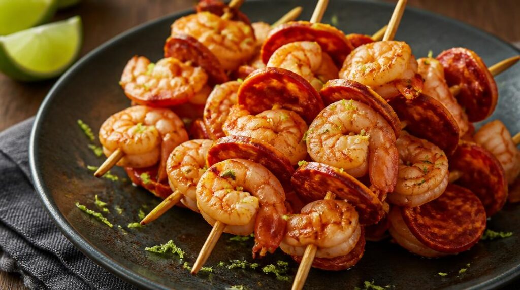Brochettes crevettes chorizo relevées au citron vert