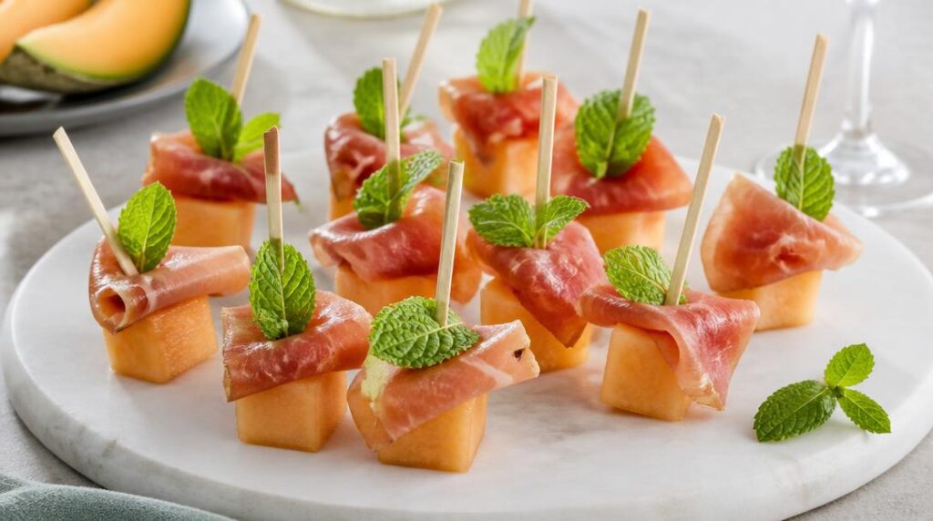 Brochettes melon jambon cru et menthe fraîche