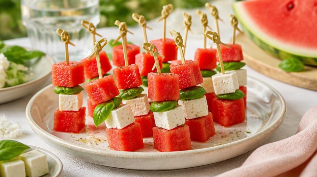 Brochettes pastèque feta et basilic frais