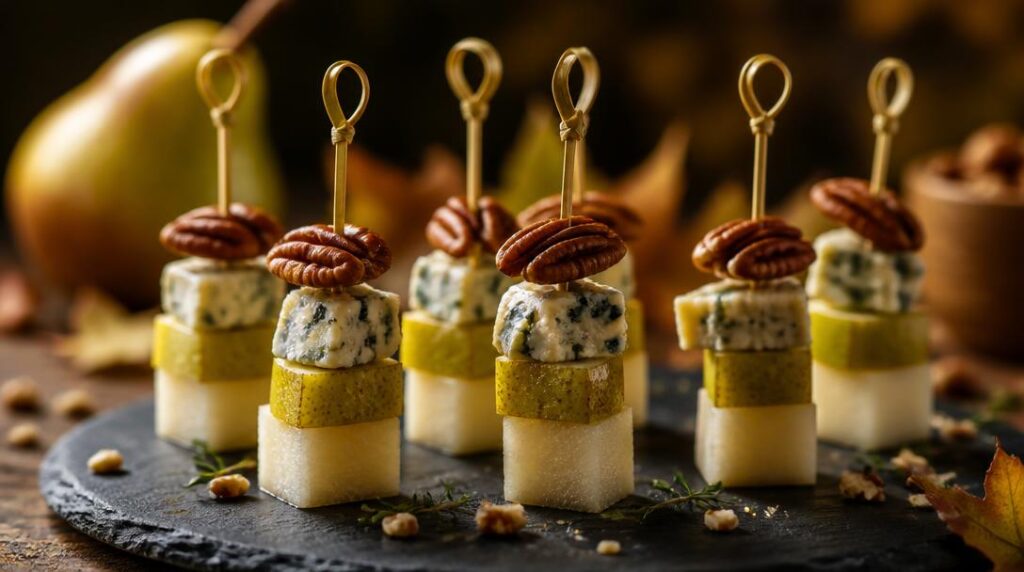Brochettes poire bleu et noix de pécan