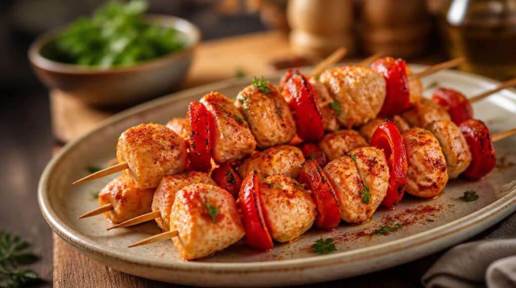 Mini brochettes apéritives poulet paprika et poivron
