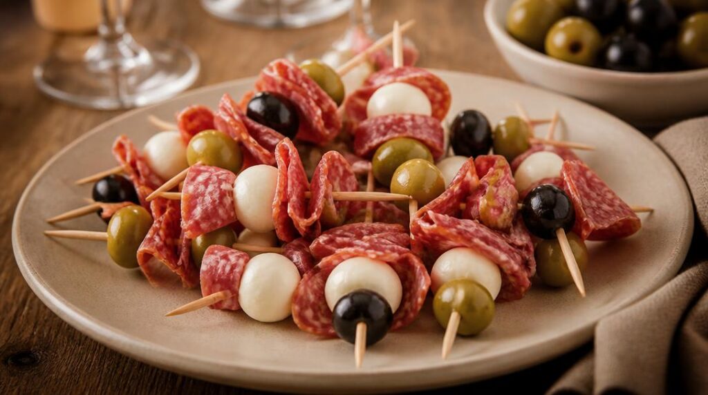 Brochettes salami mozzarella et olives variées