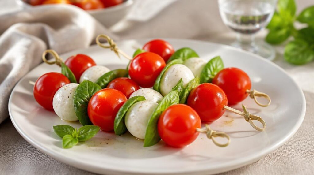 Brochettes tomates mozzarella basilic sur assiette blanche