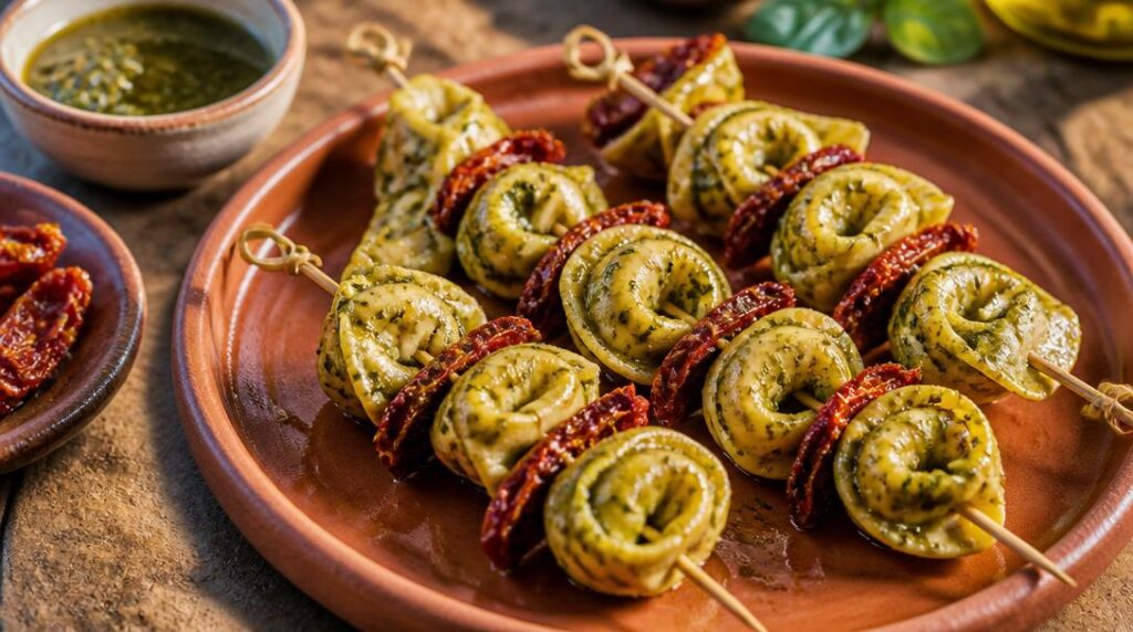 Brochettes tortellini pesto et tomates séchées