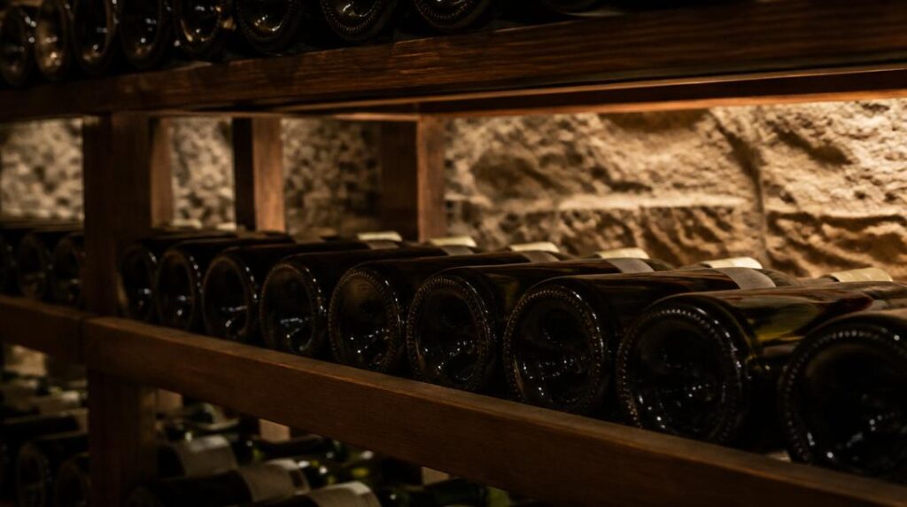 Bouteilles couchées dans une cave à vin stable