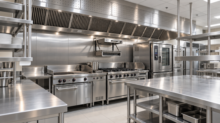 Équipement CHR en inox : pianos, four mixte, hotte, tables