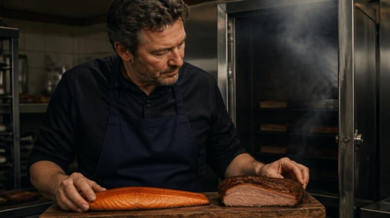 Chef devant un fumoir avec saumon et viande fumée